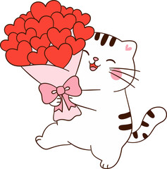 Cute cat holding bouquet of heart shaped flowers, expressing joy and love