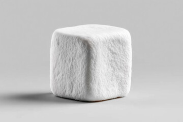 Close-up of a fluffy white cube shaped marshmallow on gray background