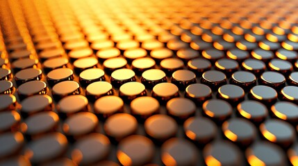 Macro close-up of digital gold coin engraved with blockchain pattern glowing in warm light. 