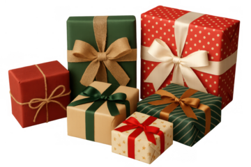 Group of festive gift boxes with colorful ribbons, ideal for celebration, birthday, holiday, and christmas concepts