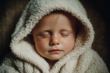 Peaceful sleeping baby wrapped in soft blanket with hood