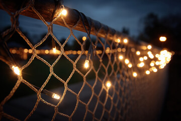 Warm string lights draped on fence at dusk creating cozy ambiance