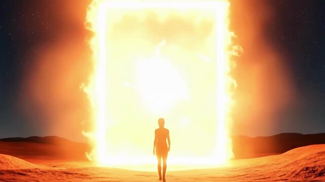 A silhouette of a person standing on a red landscape facing a glowing, square, fiery portal containing a swirling light nebula.