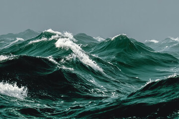 Obraz premium Powerful ocean waves crashing with intense motion under cloudy sky