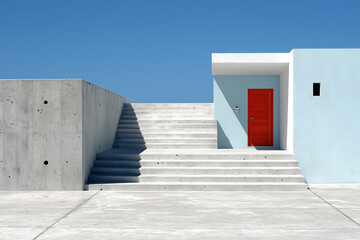 Modern minimalist architecture with concrete stairs and red door against blue sky
