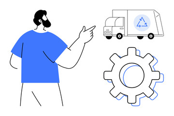 Man pointing to recycling truck and gear icon, conveying sustainable waste processes. Ideal for ecology, recycling, waste management, logistics, teamwork, innovation process optimization. Simple