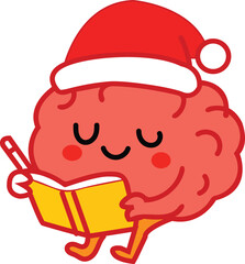 Brain character reading book in Santa hat
