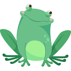Charming Green Frog Character with Big Eyes and a Playful Smile Sitting on a Transparent Background with Pixelated Details