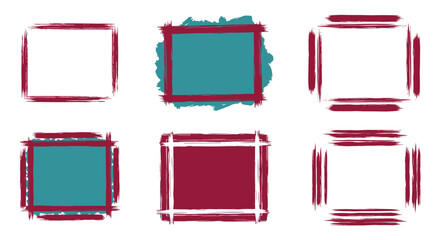 A collection of six artistic square frames and borders with hand-painted brushstroke textures in burgundy and teal colors.