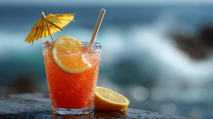 Refreshing Orange Cocktail Drink with Umbrella Near the Ocean Shore