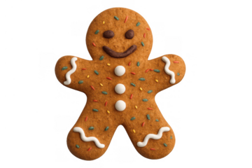 Gingerbread man cookie with sprinkles and icing, smiling, representing christmas holiday season and treats