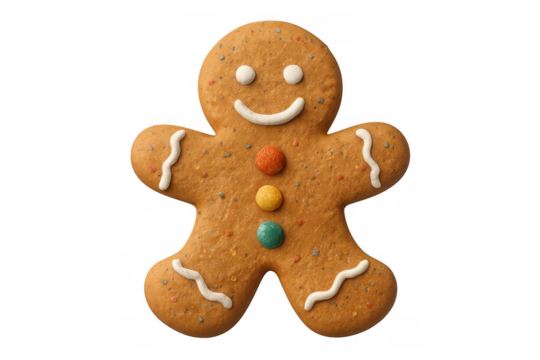 Gingerbread man cookie with colorful icing buttons and happy smile, representing christmas and holiday season