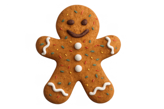 Gingerbread man cookie with sprinkles and icing, smiling, representing christmas holiday season and treats