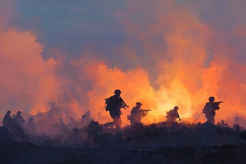 Silhouette soldiers advance through fiery sunset