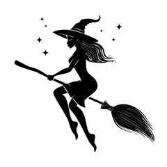 Captivating silhouette of a beautiful witch flying on a broomstick under a starlit sky