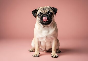 Obraz premium Adorable pug puppy sits and licks its nose on a pink background