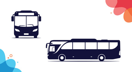 A graphic illustration featuring a front-facing bus and a side-profile bus icon in dark blue on a clean white backdrop.
