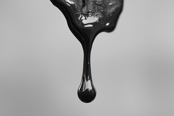 A dark, viscous liquid droplet falling