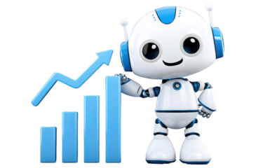 Digital Progress with AI: An innovative robot, symbolizes technological advancement, stands confidently alongside a rising graph.