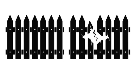 An illustration of a broken black picket fence against a white background, featuring a shattered plank and a wide gap in its structure.