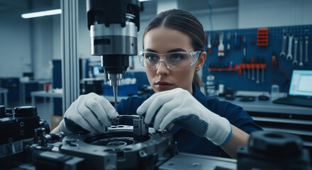 Fototapeta premium Precision engineering concept: A focused female engineer working on CNC machine in a factory. Perfect for manufacturing, technology, or STEM education projects.