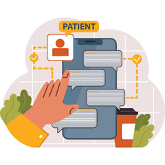 Hand Using Mobile Phone For Communication With Patient Icon And Chat Bubbles With Coffee Cup And Greenery On Transparent Background