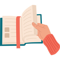 Hand turning pages of an open book with a red bookmark and coral sweater on a transparent background education concept