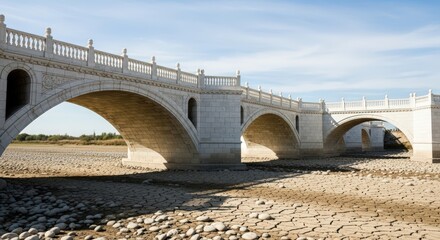 A bridge over a dry riverbed made of white marble, leading to an identical bridge on the other side.