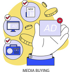 Hand Holding Advertisement Display Representing Media Buying With Coins And Advertising Icons Media Advertisement Marketing And Promotion Concept Flat Design Style