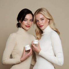 Elegant models holding skincare jars in neutral tones