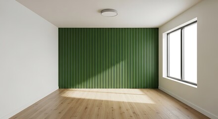 Empty square room with Green Accent Wall in Home Office with Wood Slat Pattern