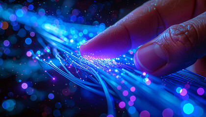 Interactive digital connection with a touch, exploring future technology and vibrant data streams, illuminating the power of fiber optic networks today