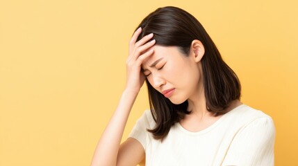 Obraz premium Weariness Embodied: A poignant portrait of a woman, her expression etched with weariness and a hint of pain, against a soft-toned backdrop, capturing a moment of profound introspection.