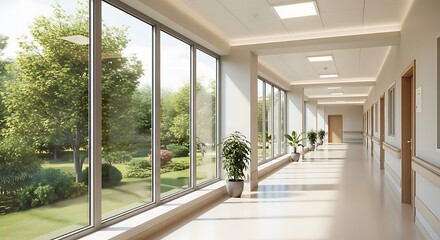 A hospital corridor with modern architecture featuring large glass windows and natural light the minimalist design and green outdoor view create a calming atmosphere