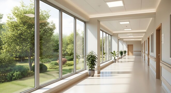 A hospital corridor with modern architecture featuring large glass windows and natural light the minimalist design and green outdoor view create a calming atmosphere