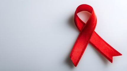 Bright red awareness ribbon rests on a clean, light gray surface