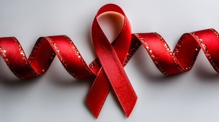 Bright crimson awareness ribbon with shimmering edges stretches horizontally across a light background.
