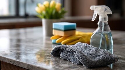 Cleaning Supplies on Marble Countertop with Tulips Adding a Fresh Touch