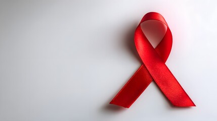 Single bright red awareness ribbon rests on a light surface with ample copy space