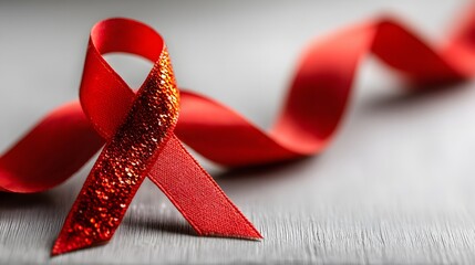 Brightly colored awareness ribbon rests upon a subtly textured, muted surface