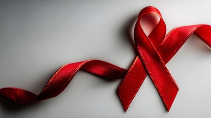 Bright crimson awareness ribbon rests diagonally upon a softly lit gray surface