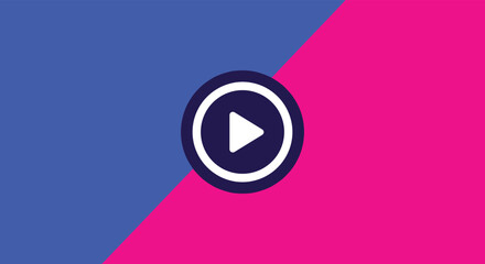 Modern graphic design with a vibrant blue and pink diagonal background, highlighting a prominent white play symbol within a dark circular icon, representing digital media.