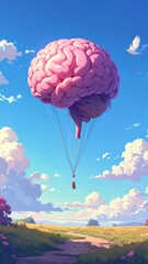 Fototapeta premium Colorful paragliders and hot air balloons fly high across the summer sky, an adventurous flight over a beautiful landscape