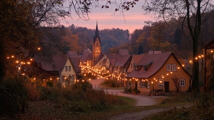 Picturesque village street glows at dusk with lights strung between traditional houses near church.