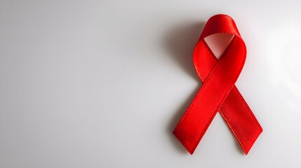 Bright red awareness ribbon rests on a plain, light surface with subtle shadow
