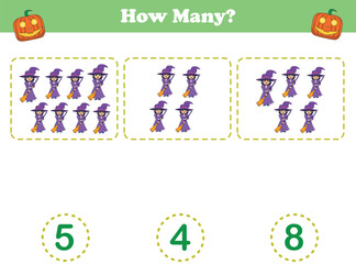Counting game of kids halloween for preschool kids. Counting games. Printable. Vector Illustration