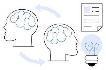 Two human profiles with overlapping brain outlines, arrows indicating knowledge transfer. Nearby are a document and a light bulb representing communication, learning, innovation. Ideal for education