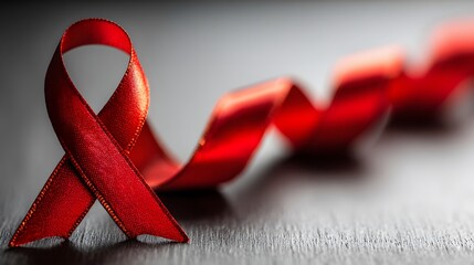 Striking close up of a vivid red awareness ribbon symbol resting on a dark textured surface
