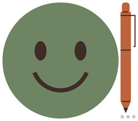 Smiling green emotion beside orange pen indicating ideas, communication, happiness, creativity, motivation. Ideal for positivity, mental health, inspiration, teamwork education mindfulness simple