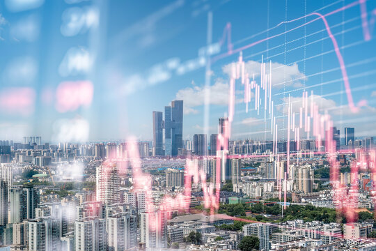 Cityscape with financial graphs representing market trends